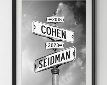 Könnte beinhalten: Schwarzweißfoto eines Straßenschilds mit den Namen "Cohen" und "Seidman" sowie den Jahren "2018" und "2023" darauf.