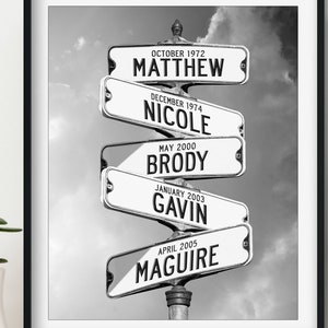 May include: Black and white photo of a street sign with the names Matthew, Nicole, Brody, Gavin, and Maguire, along with their birth dates.