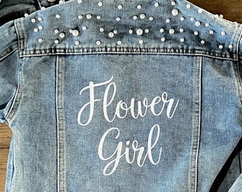 Flower Girl Jean Jacket with Vinyl Decoration and Pearl Trim Accents