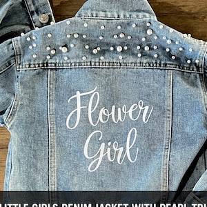 Toddler Girl Jean Jacket with Flower Girl Vinyl Decoration and Pearl Trim Accents