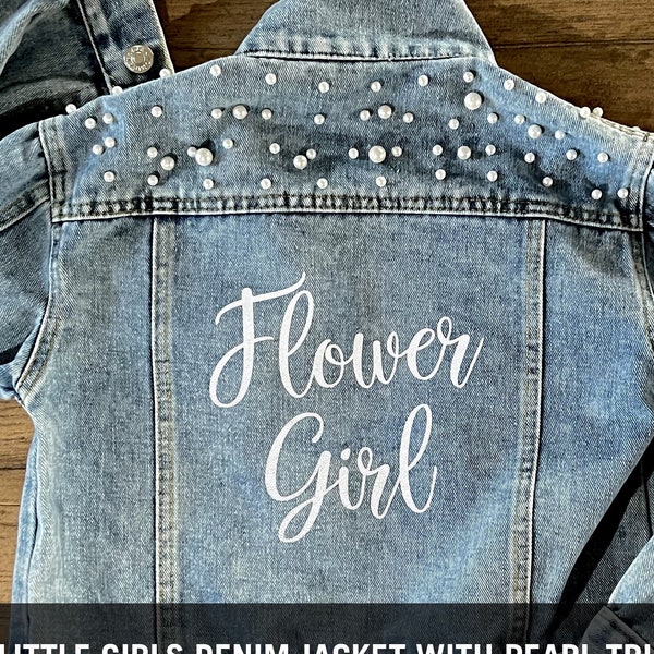 Toddler Girl Jean Jacket with Flower Girl Vinyl Decoration and Pearl Trim Accents