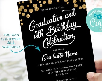 Graduation 18th Birthday Invitation - Digital Template You Personalize ALL Text Corjl Template