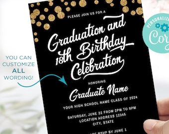 Invitación de graduación para el 18.º cumpleaños (plantilla digital Corjl personalizable)