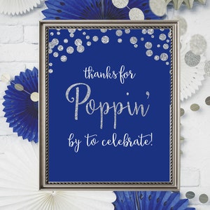 Instant Download Printable Thanks for Poppin By Royal Blue and Silver Glitter