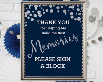 Instant Download Printable Sign Building the Best Memories Sign A Block, Navy Blue and Silver Glitter Look