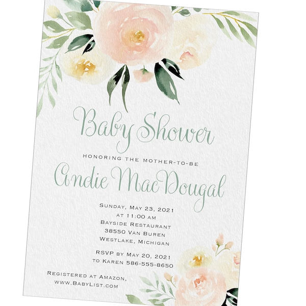 Baby Shower Invitation with Peach and Sage Pale Floral