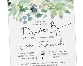 Drive By Bridal Shower Invitation with succulents and eucalyptus