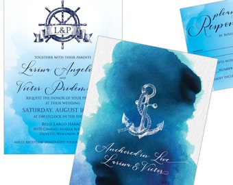 Nautical Theme Wedding Invitation Set with Watercolor Ocean Blue Design