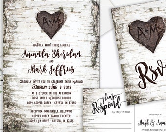 Personalized Digital Files Carved Birch Invitation Set with Initials Carved in Heart