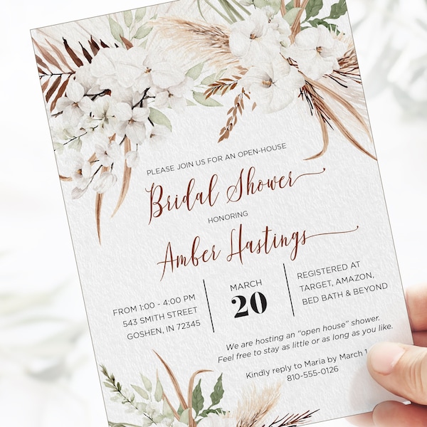 Open House Bridal Shower Invitation with Boho Indie Floral Neutral Rust