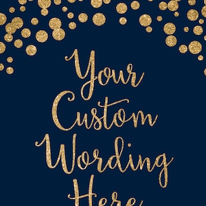 Placa de festa de formatura personalizada para impressão em azul marinho e glitter dourado