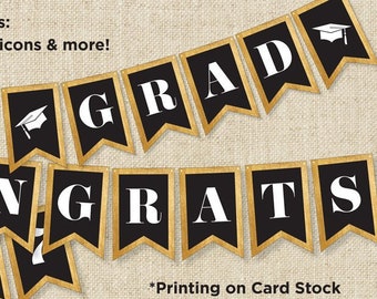 Gold & Black Grad Party Banner: Printable Letters, Numbers, Icons (PDF)
