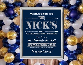 Printable Graduation Poster | Personalized for You | Navy Blue and Silver Glitter | Size Choices | Custom Party Decoration