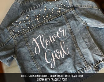 Flower Girl Toddler Little Girl Jean Jacket With Pearls and Vinyl