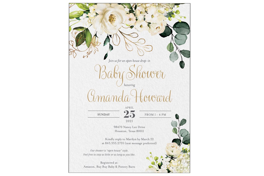 Open House Drop in Baby Shower Invitation White Roses With Gold Etsy