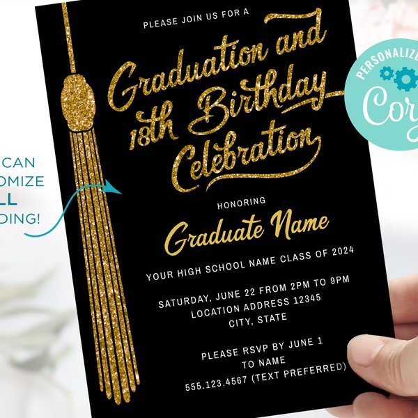 Black and Gold Graduation and Birthday Invitation - You Personalize ALL Text Corjl Template