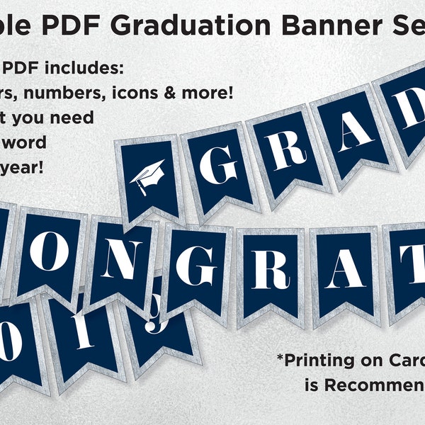 Party Banner Instant Download Printable • Navy Blue & Silver Metal Shimmer Look • Grad Party Decor • ALL occasion, letters and more!