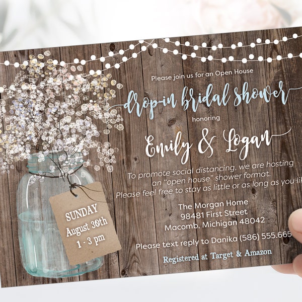 Open House Drop In Shower Bridal Shower Invitation with Rustic Wood and Mason Jar