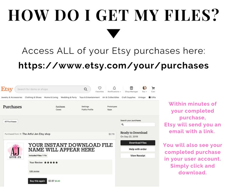 Puede incluir: Captura de pantalla de un sitio web de Etsy que muestra c&oacute;mo acceder a descargas digitales. El texto dice "&iquest;C&oacute;mo obtengo mis archivos?" y "Accede a TODAS tus compras de Etsy aqu&iacute;: https://www.etsy.com/your/purchases". La imagen tambi&eacute;n muestra una compra completada con un bot&oacute;n de descarga.
