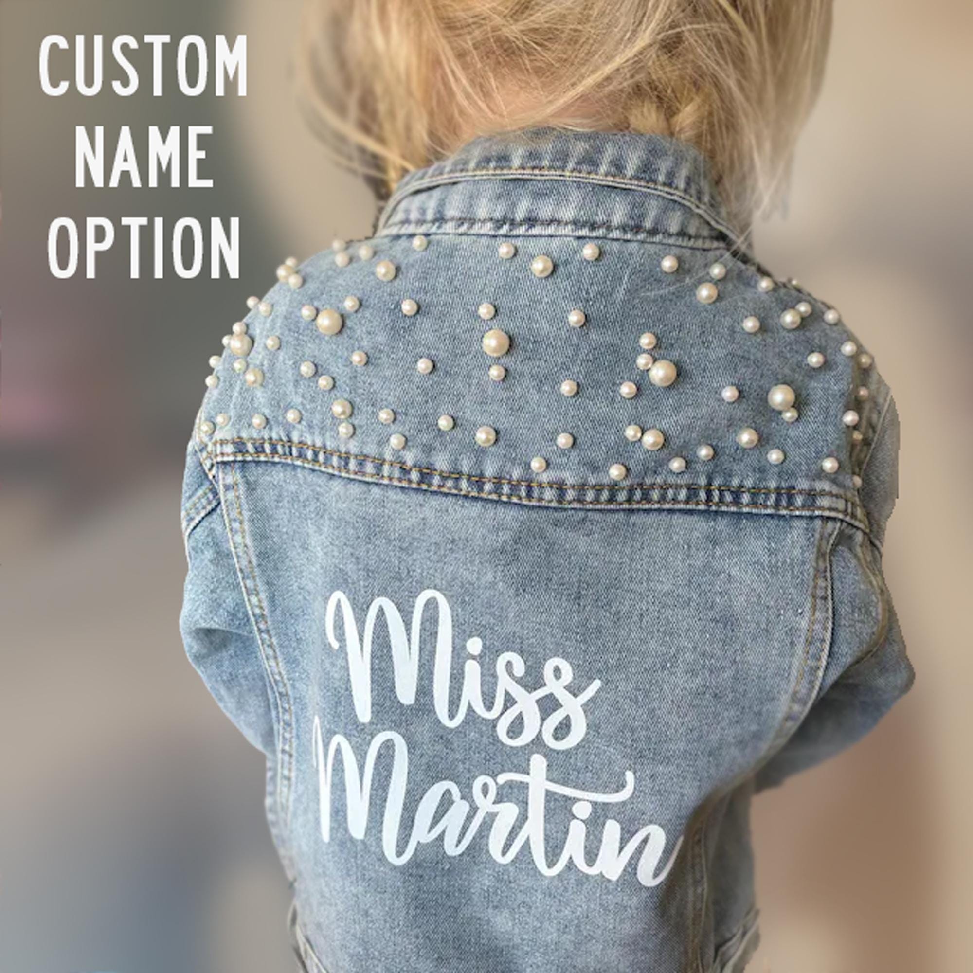 Flower Girl Jean Jacket With Vinyl Decoration and Pearl Trim