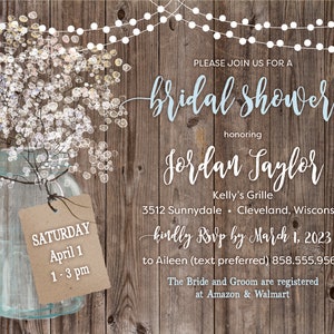 Bridal Shower Invitations Rustic Wood Design with Mason Jar and Lights