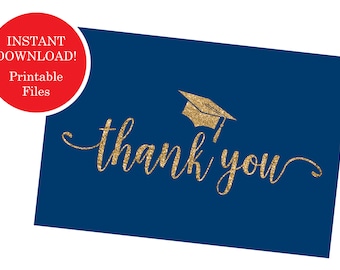 May include: Printable thank you card with a gold glitter graduation cap on a navy blue background. The text "thank you" is in gold glitter.