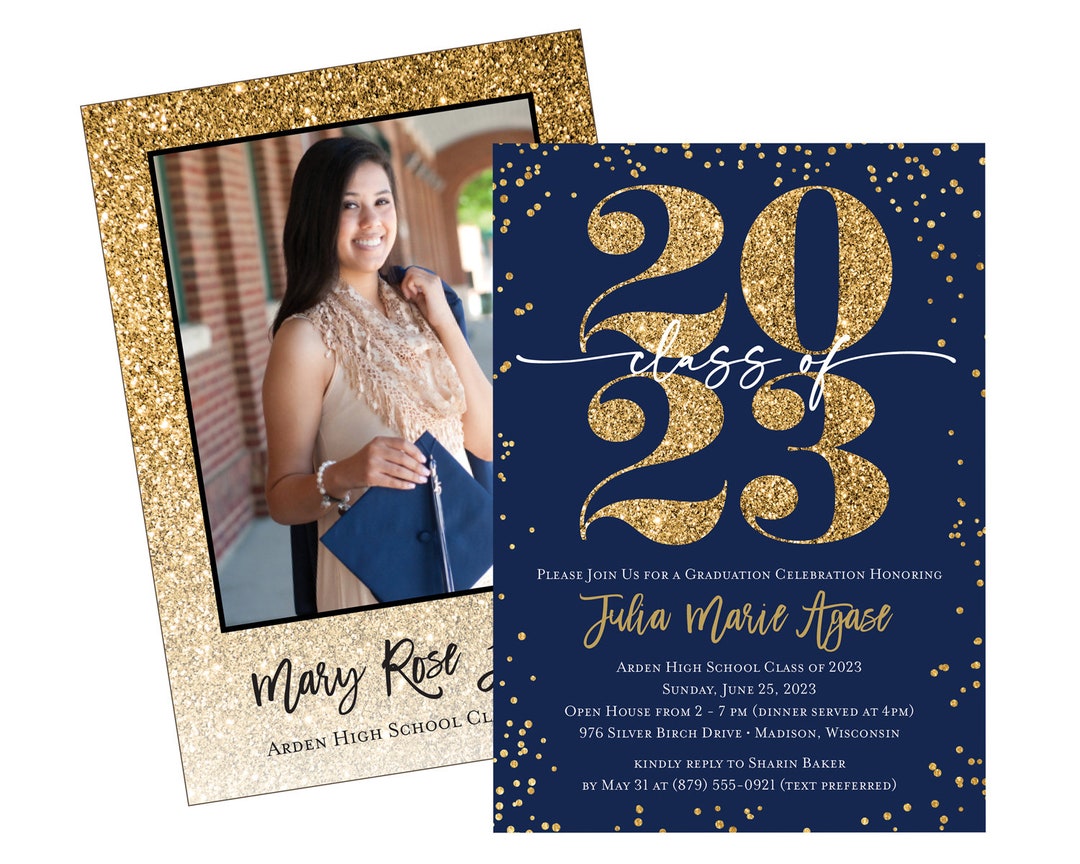 Graduation Invitation Navy Blue and Gold Glitter Class of 2024 With