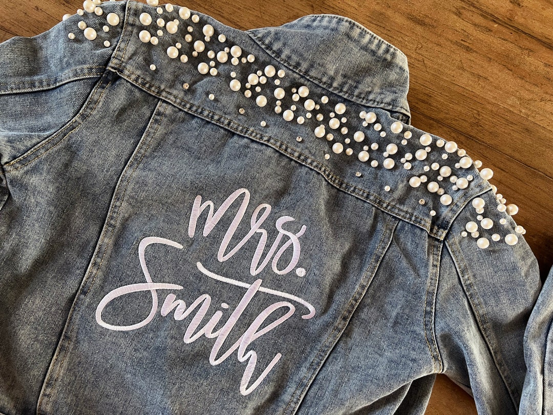 Pearl and Crystal Embellished Denim Jacket Custom Embroidered