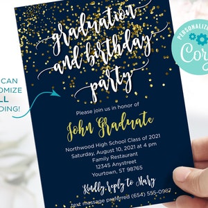 Puede incluir: Una invitaci&oacute;n a una fiesta de graduaci&oacute;n y cumplea&ntilde;os azul y dorada con confeti dorado. La invitaci&oacute;n dice "Por favor, &uacute;nase a nosotros en honor a John Graduate" e incluye la fecha, la hora, el lugar y la informaci&oacute;n de RSVP.