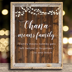 Afdrukbaar Ohana betekent familiebord |  Niemand wordt achtergelaten of vergeten | Direct downloaden | 8 x 10 DIY afdrukbaar bord | Citaat van Lilo Stitch