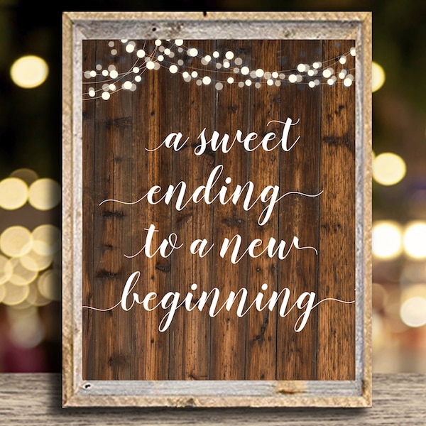 5x7 Printable Sweet Ending to a New Beginning • Rustic Wedding Decor • Instant Download • DIY Printable Sign • Rustic Wood Look with Lights