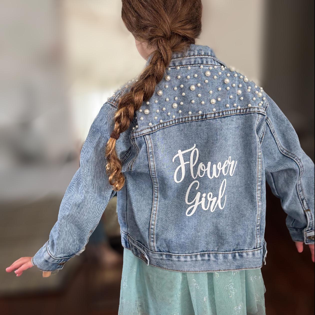 Flower Girl Jean Jacket With Vinyl Decoration and Pearl Trim