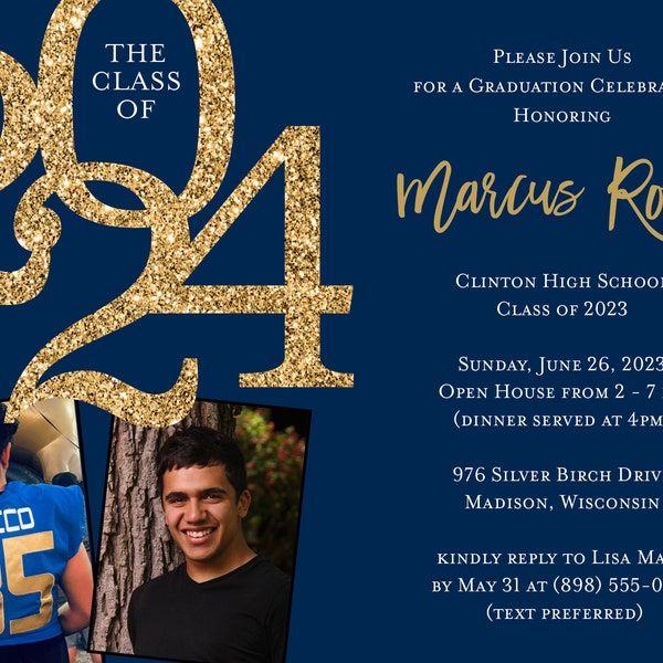 Class of 2024 Graduation Party Invitation Navy Blue and Gold Glitter