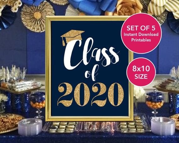 Printable Graduation Decorations Navy Blue And Gold Set Of 5 Etsy