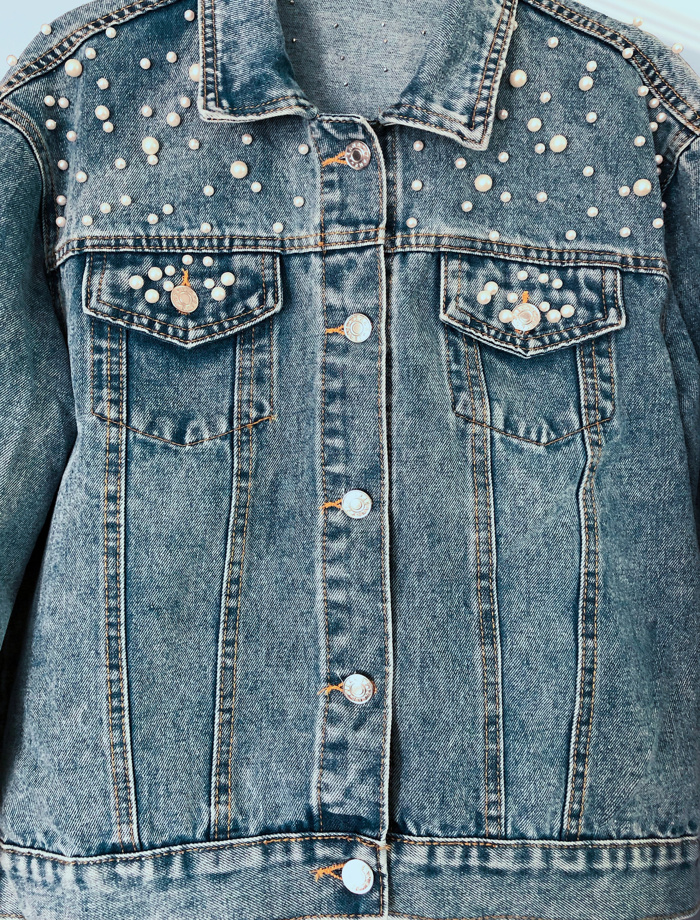 Denim Jacket With Pearl Trim Plain No Embroidery - Etsy