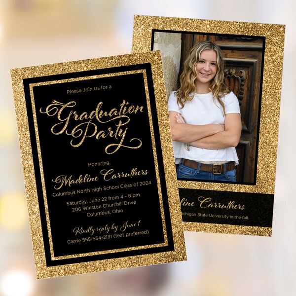 Gold Glitter and Black Graduation Invitation with photo