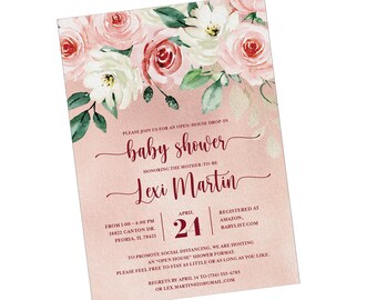 May include: A pink and white floral baby shower invitation with gold glitter accents. The invitation features the text "baby shower" and "Lexi Martin" in a burgundy script font. The date of the shower is April 24th. The invitation also includes the address and time of the shower, as well as the registries.