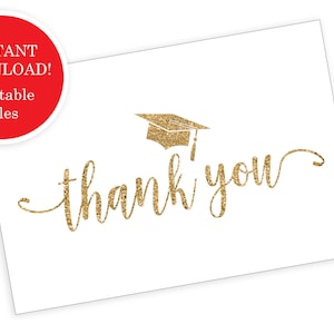 Tarjeta de agradecimiento de graduación imprimible, descarga instantánea, purpurina dorada sobre blanco, 4 x 6, dos respaldos: elija la opción de postal para guardar