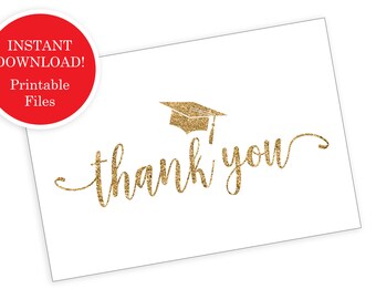 May include: Gold glitter thank you card with a graduation cap on top. The card is perfect for graduation parties or as a thank you gift for graduates.
