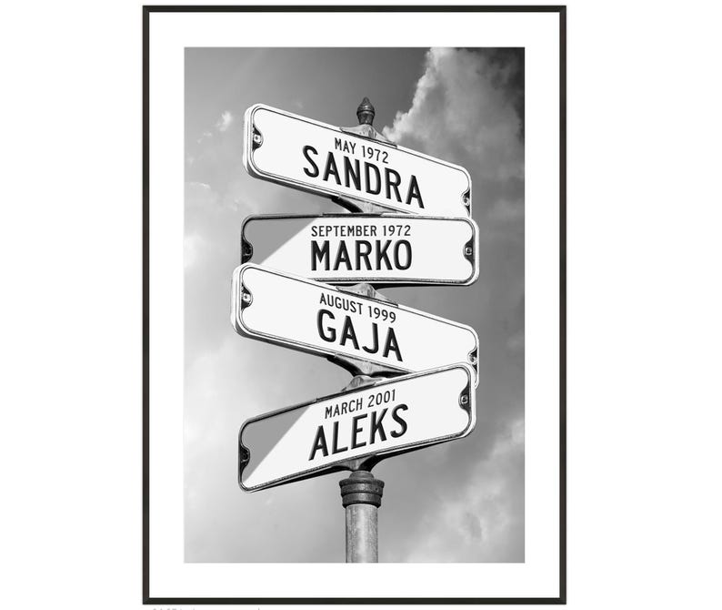 May include: Black and white photo of a street sign with four directional arrows. Each arrow has a name and date on it. The names are Sandra, Marko, Gaja, and Aleks. The dates are May 1972, September 1972, August 1999, and March 2001.