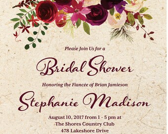 May include: Bridal shower invitation with a floral design in shades of red, purple, and pink. The invitation is for Stephanie Madison and is set for August 10, 2017, from 1 to 5 pm at The Shores Country Club, 478 Lakeshore Drive, Oakland, IL 75897. RSVP by August 3, 2017, to Shelley at (584) 555-8721 or email Shelley@myemail.com.