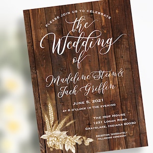 Rustic Wood Wedding Invitation Set with Hops Barley