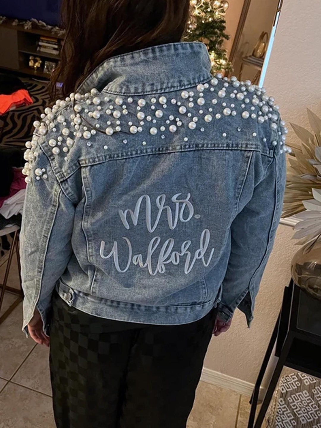 Embroidered Bride Denim Jacket With Extra Pearls Rhinestones
