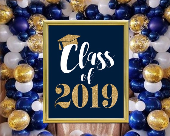 Set Of 5 Gold Glitter And Navy Blue Grad Party Decorations Etsy