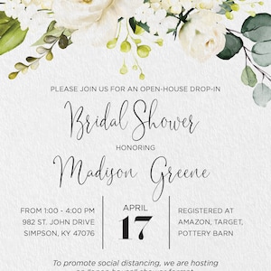 Open House Drop in Shower Invitation With White Roses - Etsy