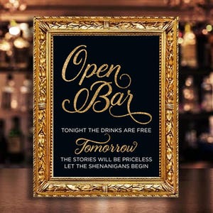 Printable Open Bar Sign | Gold Glitter Wedding Decor | Instant Download | Sparkly Wedding | 8x10 DIY Printable File | Frameable Sign