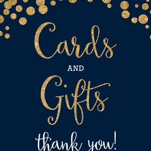 Afdrukbare marineblauwe en gouden glitterkaarten en cadeaubord direct downloaden