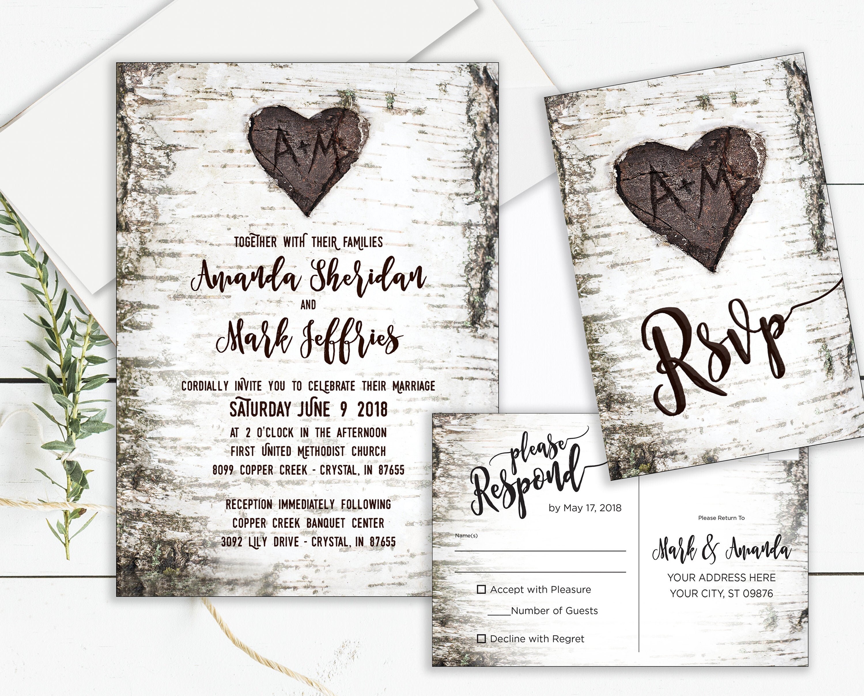 Personalized Digital Files Carved Birch Invitation Set with Initials Carved in Heart