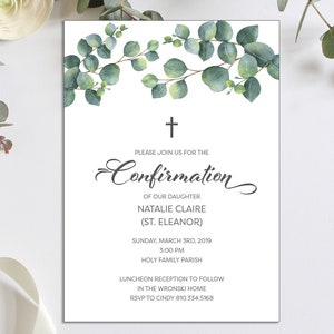 Confirmation Invitation with Eucalyptus Leaves Botanical Greenery