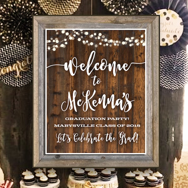 Printable Graduation Party Poster with Rustic Barnwood Fairy Lights, Personalized Printable File You Print